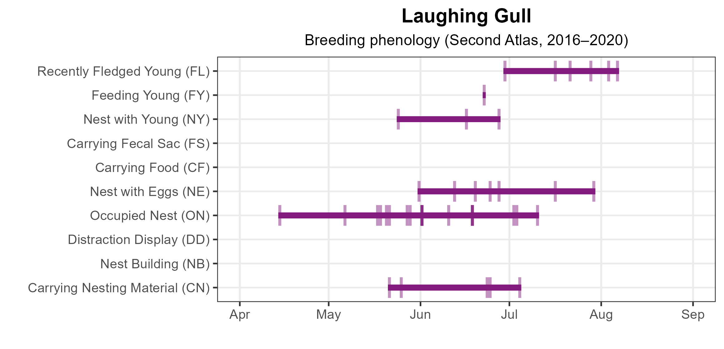 Laughing Gull phenology: confirmed breeding codes