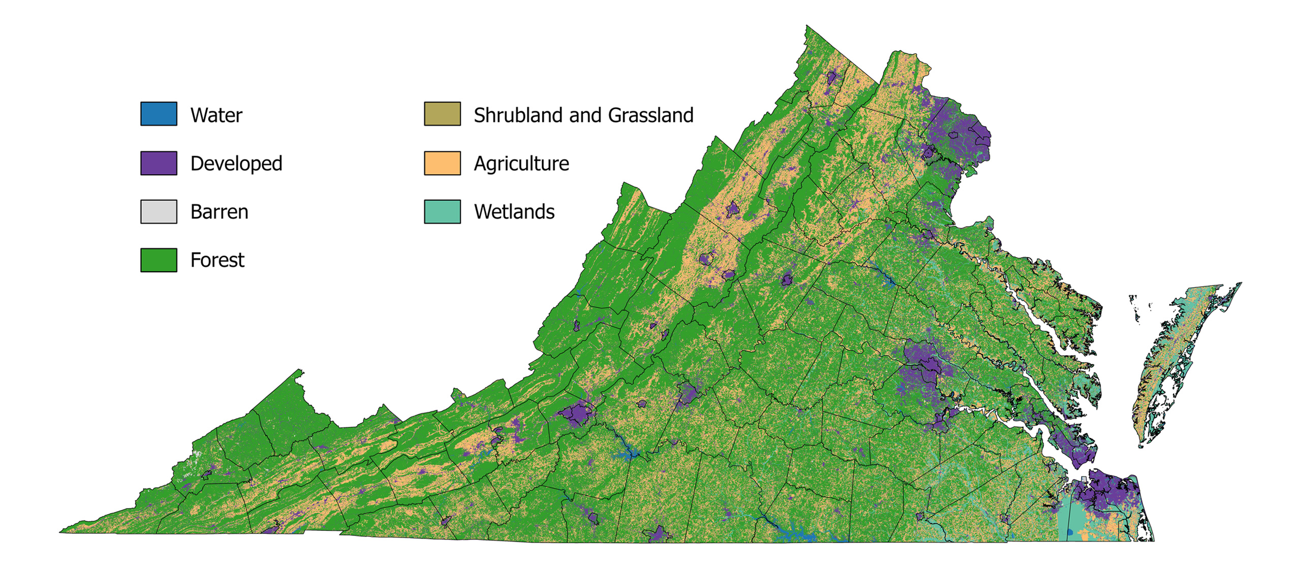 Figure 1. Distribution of habitat categories in Virginia based on data from the National Land Cover Database (USGS 2024).